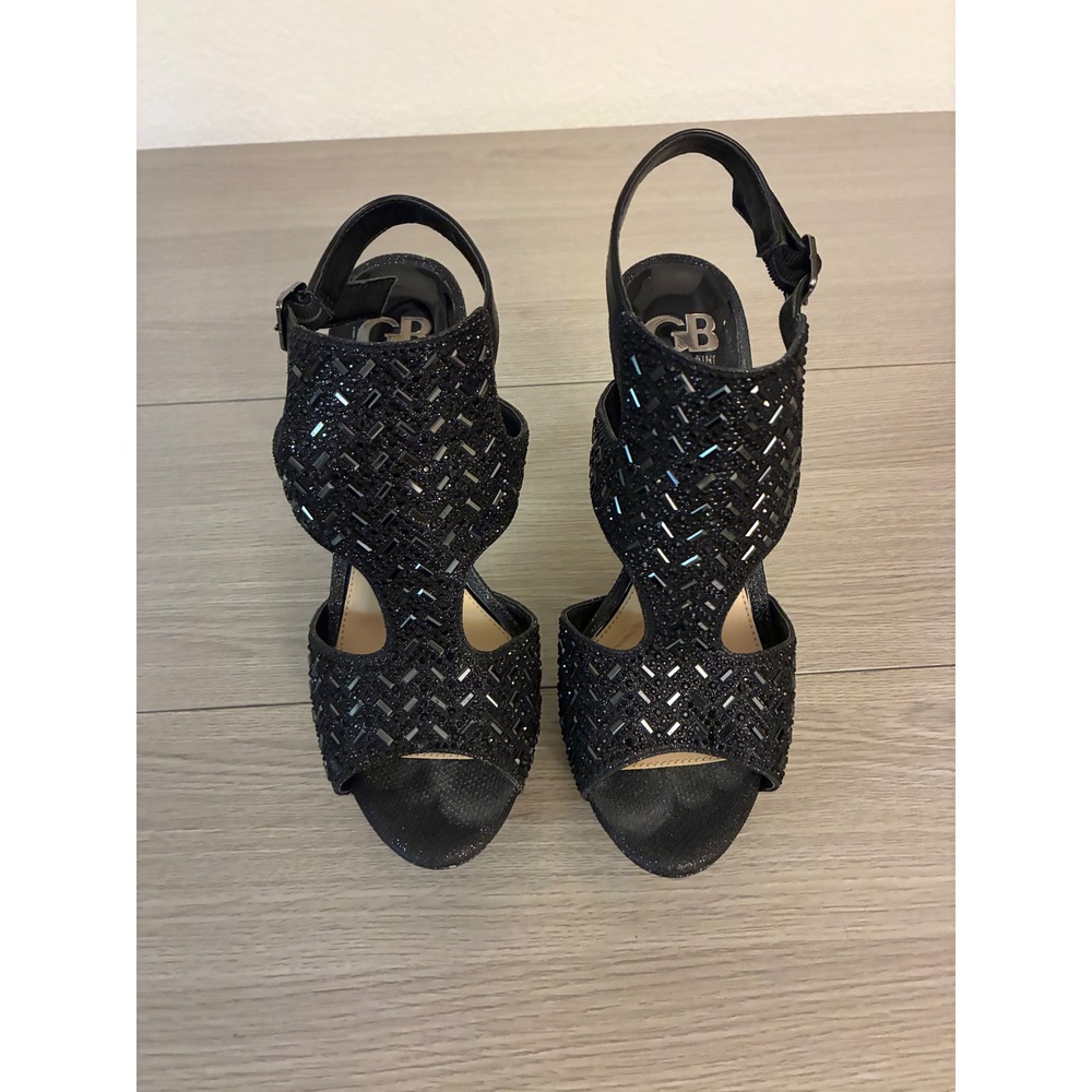 Gianni Bini Black Glitter Rhinestone Platform Sandals Stiletto Heels Womens 8M